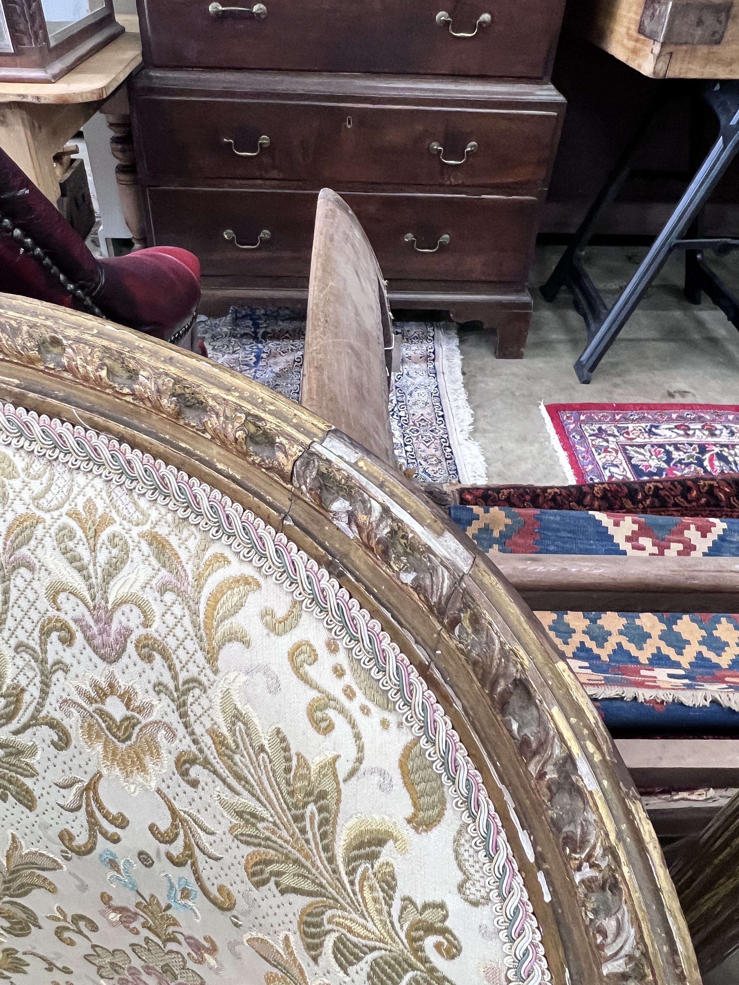 A 19th century French giltwood tub framed chair, width 71cm, depth 55cm, height 96cm